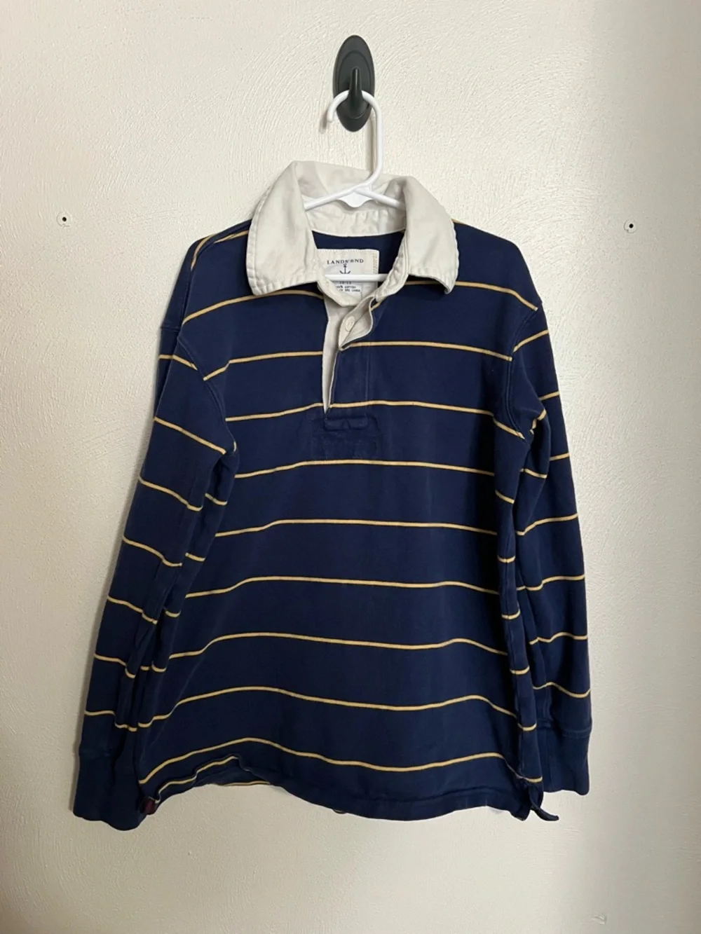 LAND'S END 100%‎ Cotton Long Sleeve Striped Rugby Shirt Blue Yellow Boy's Sz M